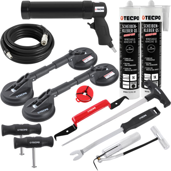 TECPO Windschutzscheibe-Reparaturset + Druckluft-Kartuschenpresse + Druckluftschlauch + 2x Gummi-Doppelsauger + 2x Scheibenkleber MS-Polymer, 290 ml
