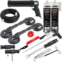 TECPO Windschutzscheibe-Reparaturset + Druckluft-Kartuschenpresse + Druckluftschlauch + 2x Gummi-Doppelsauger + 2x Scheibenkleber MS-Polymer, 290 ml