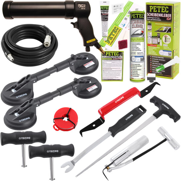 PETEC Scheibenkleber-Set + Ausbau-Werkzeug + Druckluft-Kartuschenpresse + 2x Gummi-Doppelsauger