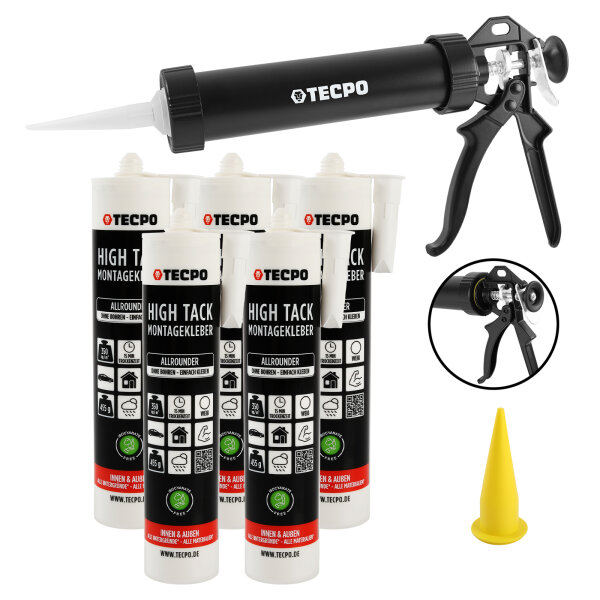 5x TECPO Montagekleber HIGH TACK Baukleber 455g Kleber + Dichtstoffe MS-Polymer SMP + Alu-Kartuschenpresse 220 mm