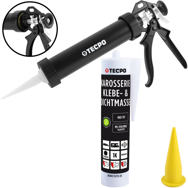 1x TECPO Karosserie Klebe & Dichtmasse KKD 701 Schwarz, 414g MS-Polymer 1K-Dichtstoff + Alu-Kartuschenpresse 220 mm