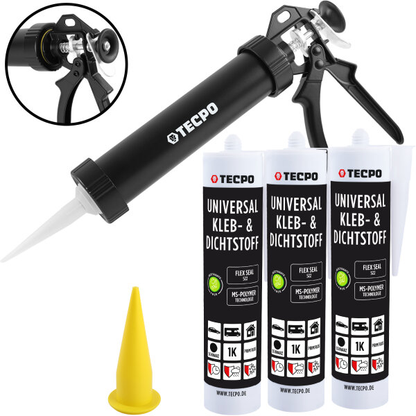 3x TECPO Universal Klebe- und Dichtstoff FLEX SEAL 522 SCHWARZ 1K MS-Polymer UV-stabil und witterungsbeständig + Alu-Kartuschenpresse 220 mm