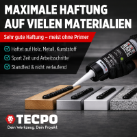 4x TECPO Universal Klebe- und Dichtstoff FLEX SEAL 522 SCHWARZ 1K MS-Polymer UV-stabil und witterungsbeständig + Alu-Kartuschenpresse 220 mm
