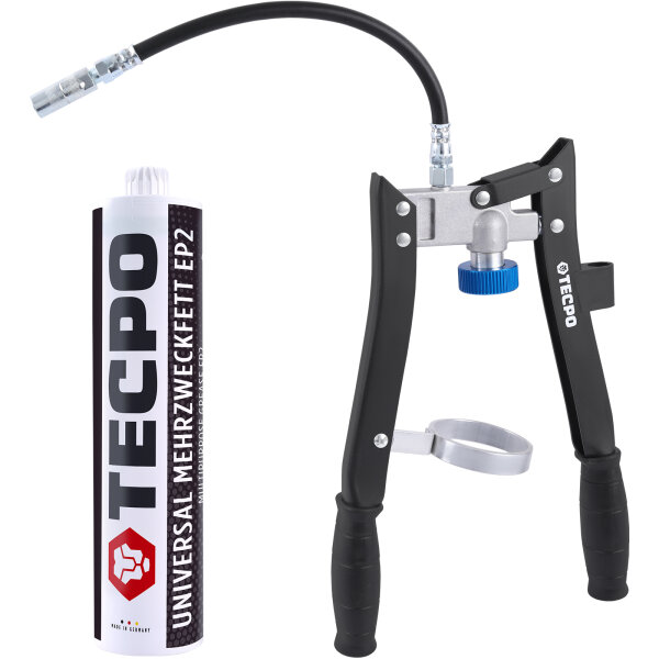 TECPO Universal Mehrzweckfett EP2, 500g + Zweihand-Kartuschen Fettpresse 2in1 PROFI-Ausführung 500g für Schraubkartuschen / Fett Mehrzweckfett