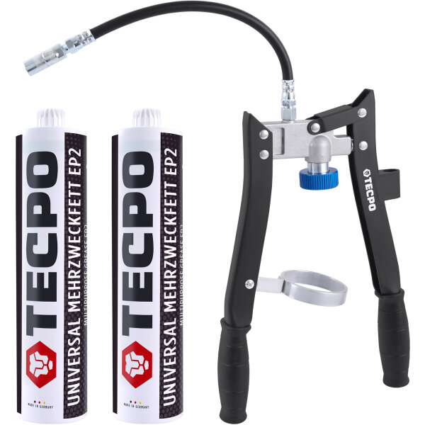 2x TECPO Universal Mehrzweckfett EP2, 500g + Zweihand-Kartuschen Fettpresse 2in1 PROFI-Ausführung 500g für Schraubkartuschen / Fett Mehrzweckfett