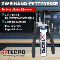 2x TECPO Universal Mehrzweckfett EP2, 500g + Zweihand-Kartuschen Fettpresse 2in1 PROFI-Ausführung 500g für Schraubkartuschen / Fett Mehrzweckfett