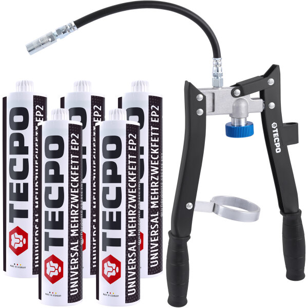 5x TECPO Universal Mehrzweckfett EP2, 500g + Zweihand-Kartuschen Fettpresse 2in1 PROFI-Ausführung 500g für Schraubkartuschen / Fett Mehrzweckfett