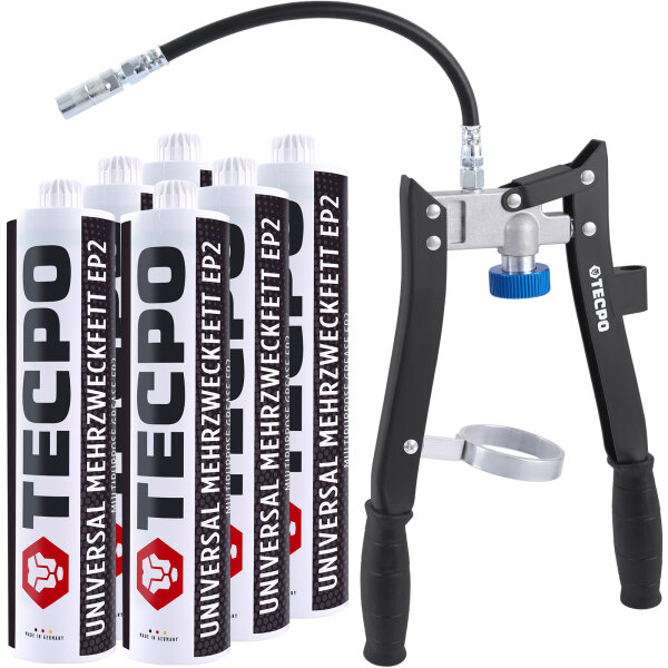6x TECPO Universal Mehrzweckfett EP2, 500g + Zweihand-Kartuschen Fettpresse 2in1 PROFI-Ausführung 500g für Schraubkartuschen / Fett Mehrzweckfett