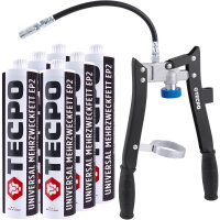 6x TECPO Universal Mehrzweckfett EP2, 500g + Zweihand-Kartuschen Fettpresse 2in1 PROFI-Ausführung 500g für Schraubkartuschen / Fett Mehrzweckfett