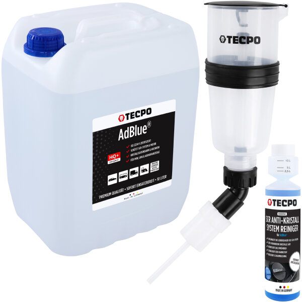 TECPO Einfülltrichter für Harnstoff Zusätzen AdBlue® AUS 32 1.1 Liter + AdBlue® 10L + SCR Anti-Kristall Additiv Konzentrat, 250 ml