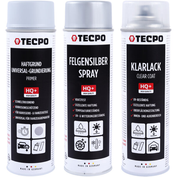 TECPO Haftgrund Grundierung grau Primer, 500 ml + Felgensilber-Spray Felgenlack Lackspray, 500 ml + Klarlack glänzend, 500 ml
