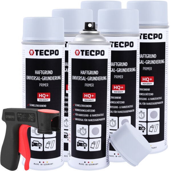 6x TECPO Haftgrund Grundierung grau Lackspray Sprühdose Primer, 500 ml + Sprühpistole