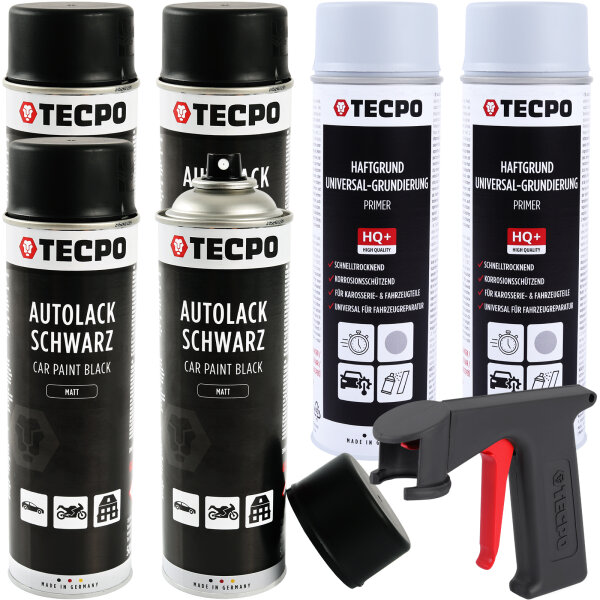 2x TECPO Autolack schwarz matt 500 ml + 4x TECPO Grundierung grau Sprühdose Primer, 500 ml