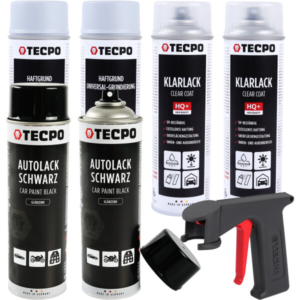 2x TECPO Grundierung grau Sprühdose Primer, 500 ml + 2x Autolack schwarz matt 500 ml + 2x Klarlack Sprühlack glänzend, 500 ml
