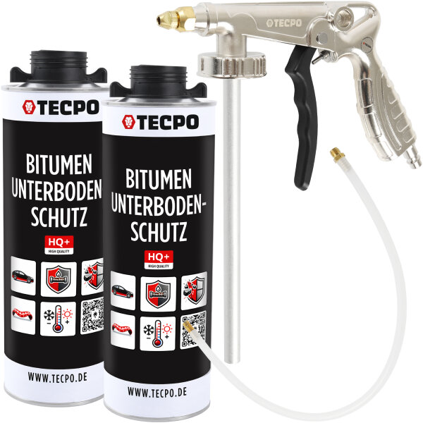 TECPO Unterbodenschutz schwarz Bitumen Steinschlagschutz, 2 Liter + Druckluft Unterbodenschutz Pistole