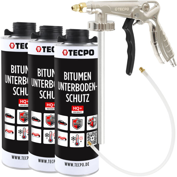TECPO Unterbodenschutz schwarz Bitumen Steinschlagschutz, 3 Liter + Druckluft Unterbodenschutz Pistole