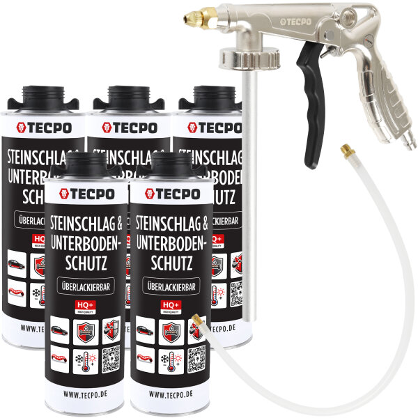 TECPO Unterbodenschutz schwarz Steinschlagschutz überlackierbar, 5 Liter + Druckluft Unterbodenschutz Pistole