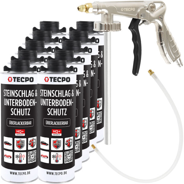 TECPO Unterbodenschutz schwarz Steinschlagschutz überlackierbar, 10 Liter + Druckluft Unterbodenschutz Pistole