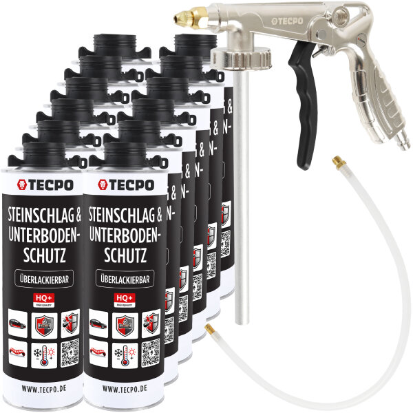 TECPO Unterbodenschutz schwarz Steinschlagschutz überlackierbar, 12 Liter + Druckluft Unterbodenschutz Pistole