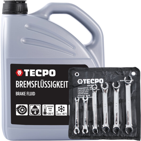 TECPO Bremsflüssigkeit DOT-4 SAE J 1703 1704 ISO 4925 DOT4, 5 Liter + Offener Ringschlüssel-Satz 6-teilig