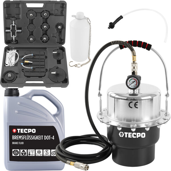 TECPO Druckluft Bremsenentlüftungsgerät + Bremsflüssigkeit DOT-4 SAE J 1703 1704 ISO 4925 DOT4, 5 Liter