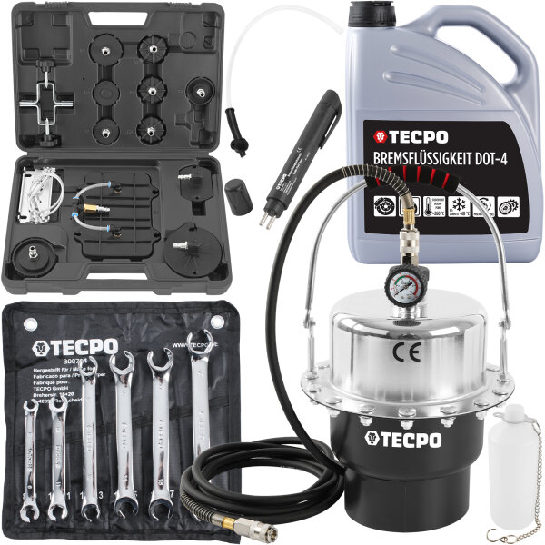 TECPO Druckluft Bremsenentlüftungsgerät + Ringschlüssel-Satz + Tester + Bremsflüssigkeit, 5 Liter