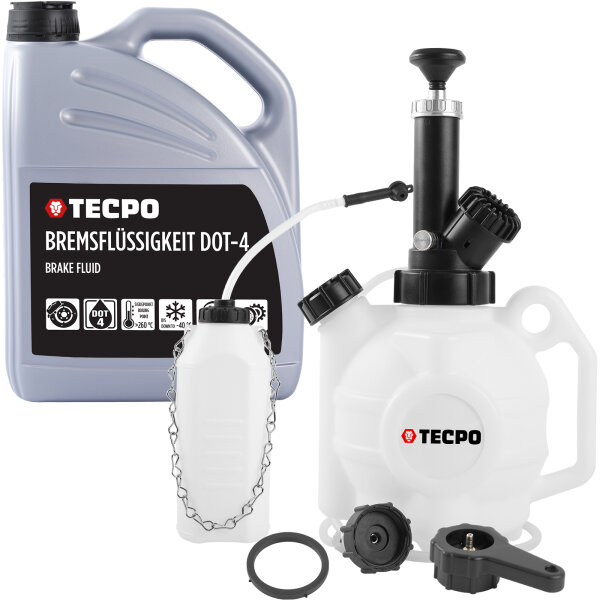 TECPO Bremsenentlüftungsgerät Bremsflüssigkeit + Bremsflüssigkeit DOT-4 SAE J 1703 1704 ISO 4925 DOT4, 5 Liter