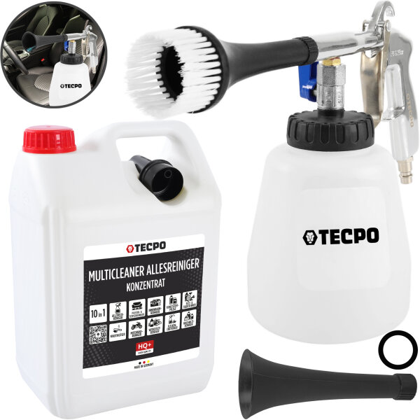 TECPO Druckluft Reinigungspistole 1L + MultiCleaner Allesreiniger KONZENTRAT HQ+ – 10 in 1 Universalreiniger 5 L