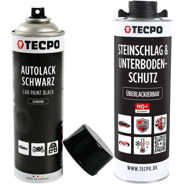 TECPO Unterbodenschutz schwarz Steinschlagschutz überlackierbar, 1 Liter + Autolack schwarz glänzend 500 ml