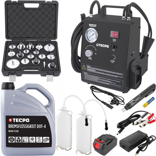 TECPO Elektrisches Bremsen-Entlüftungsgerät + Elektronischer Bremsflüssigkeitstester + TECPO Bremsflüssigkeit DOT-4, 5L