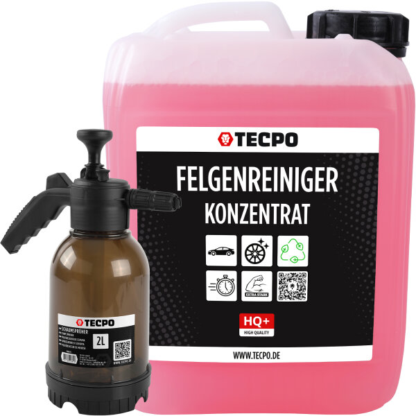 TECPO Felgenreiniger für Alu-, Stahl-und Leichtmetallfelgen, Konzentrat, säurehaltig, 5 Liter + Schaumsprüher 2L