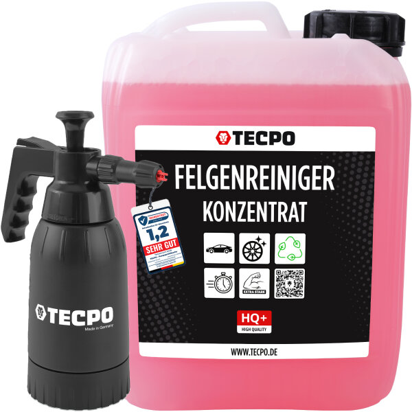 TECPO Felgenreiniger für Alu-, Stahl-und Leichtmetallfelgen, Konzentrat, säurehaltig, 5 Liter + Druckpumpzerstäuber Schaumsprüher Foamya 1.0L