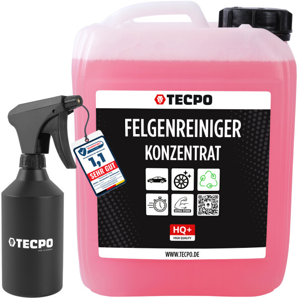 TECPO Felgenreiniger für Alu-, Stahl-und Leichtmetallfelgen, Konzentrat, säurehaltig, 5 Liter + HDPE Handsprüher 500 ml