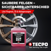 TECPO Felgenreiniger für Alu-, Stahl-und Leichtmetallfelgen, Konzentrat, säurehaltig, 5 Liter + Sprühflasche aus PE 750 ml