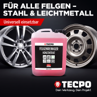TECPO Felgenreiniger für Alu-, Stahl-und Leichtmetallfelgen, Konzentrat, säurehaltig, 5 Liter + Sprühflasche aus PE 750 ml