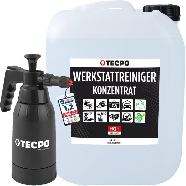 TECPO Werkstattreiniger Allzweckreiniger Industriereiniger Konzentrat HQ+ 10L + Druckpumpzerstäuber Schaumsprüher Foamya 1.0L