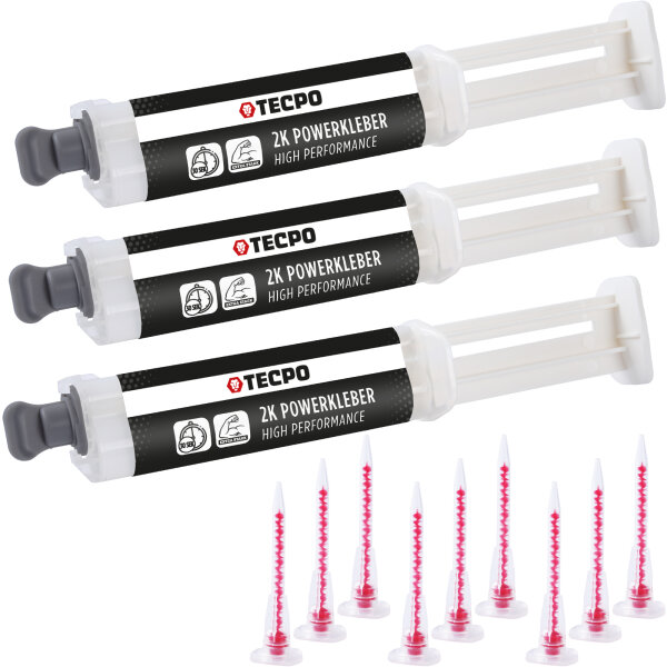 3x TECPO 2K Powerkleber High Performance 10g, Cyanacrylat-Klebstoff + 3 Mischer