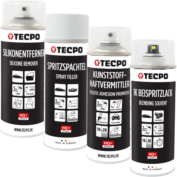 TECPO Lack-Reperatur-Set, Silikonentferner, Spritzspachtel, Kunststoff-Haftvermittler, Beispritzlack, 4x 400 ml