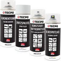 TECPO Lack-Reperatur-Set, Silikonentferner, Spritzspachtel, Kunststoff-Haftvermittler, Beispritzlack, 4x 400 ml