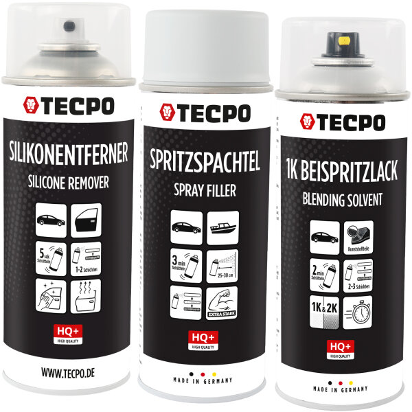 TECPO Lack-Reperatur-Set, Silikonentferner, Spritzspachtel, Beispritzlack, 3x 400 ml