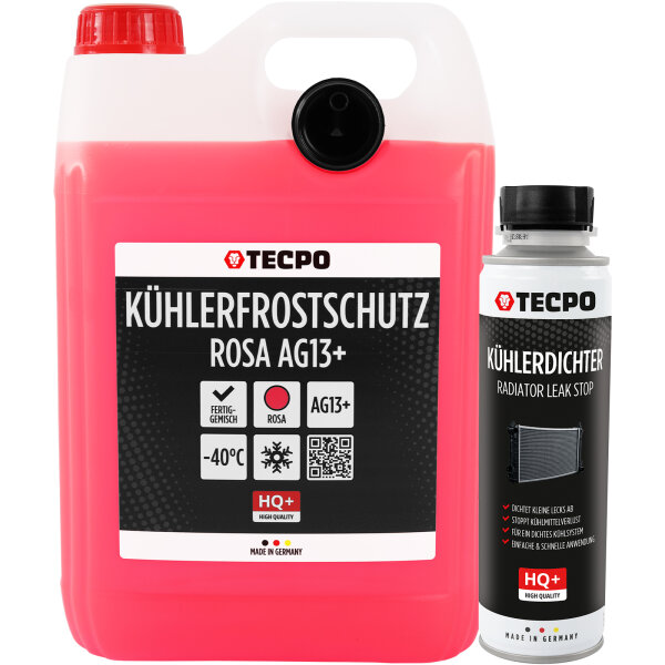 TECPO Kühlerfrostschutz Kühlmittel AG13+ rosa (-40 C°) Antifreeze 5L + Kühlerdichter Radiator Leak Stop, 300 ml