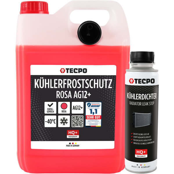 TECPO Kühlerfrostschutz G12+ -40°C, 5L + Kühlerdichter Radiator Leak Stop, 300 ml