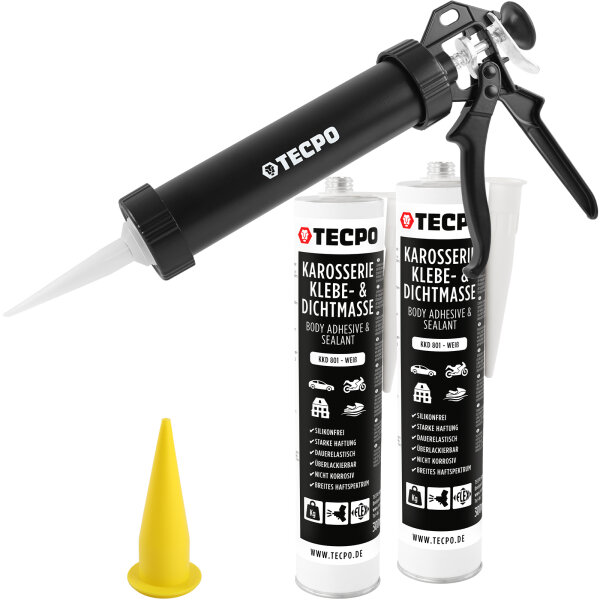 2x TECPO Universal Karosserie Klebe-Dichtmasse Weiß, 370g + Alu-Kartuschenpresse 220 mm