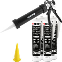 4x TECPO Universal Karosserie Klebe-Dichtmasse Weiß, 370g + Alu-Kartuschenpresse 220 mm