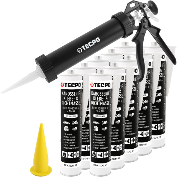 10x TECPO Universal Karosserie Klebe-Dichtmasse Weiß, 370g + Alu-Kartuschenpresse 220 mm