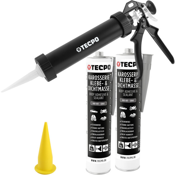 2x TECPO Universal Karosserie Klebe-Dichtmasse Grau, 370g + Alu-Kartuschenpresse 220 mm