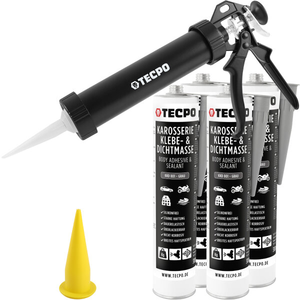 4x TECPO Universal Karosserie Klebe-Dichtmasse Grau, 370g + Alu-Kartuschenpresse 220 mm