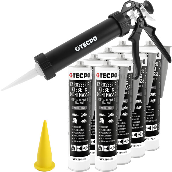 8x TECPO Universal Karosserie Klebe-Dichtmasse Grau, 370g + Alu-Kartuschenpresse 220 mm