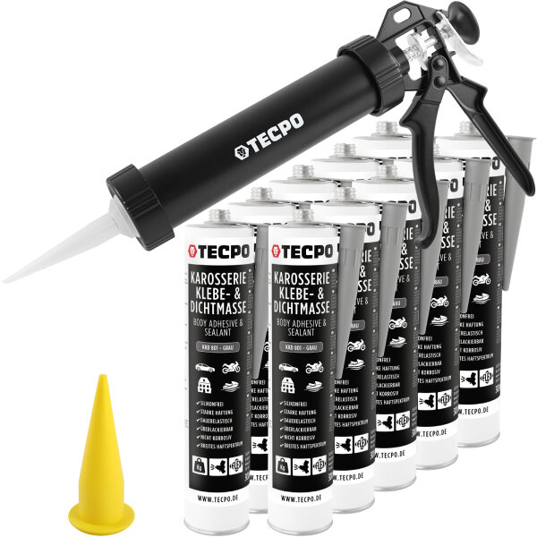 10x TECPO Universal Karosserie Klebe-Dichtmasse Grau, 370g + Alu-Kartuschenpresse 220 mm