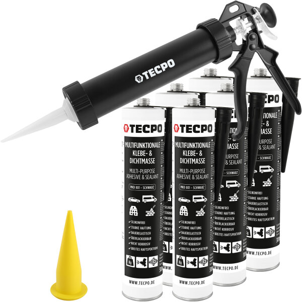 6x TECPO MKD 801 Universal Klebe- & Dichtmasse schwarz, 370g + Alu-Kartuschenpresse 220 mm